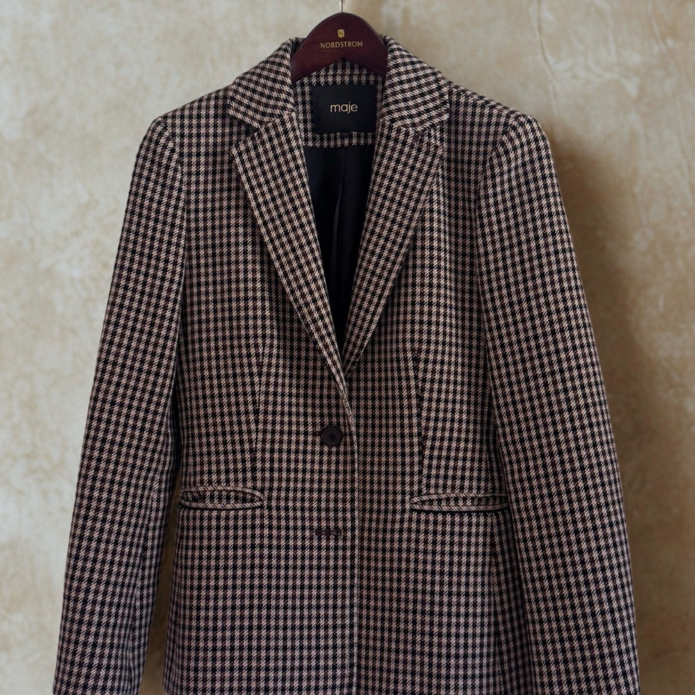 Maje Houndstooth Tailored Blazer | Black & Cream | Parisian Chic